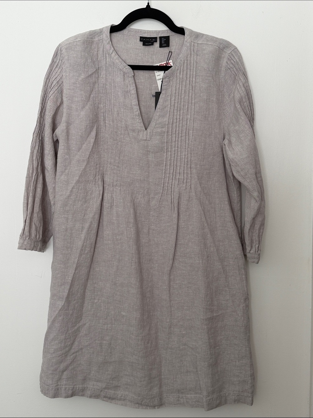 Tahari Light Gray Long Sleeve Linen Tunic Dress